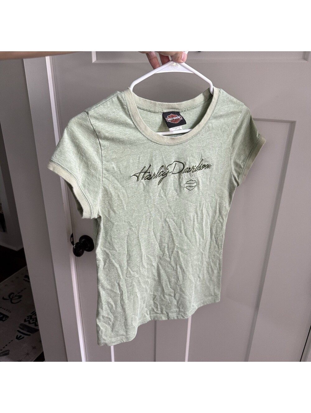 Harley Davidson Womens L Sage Green Embroidered Baby Tee Ocala Florida Y2K - Picture 8 of 12